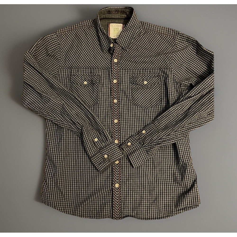 Ecoths Cotton Shirt Men's Dark Blue Checkered Button Up Large Damaged JBHS